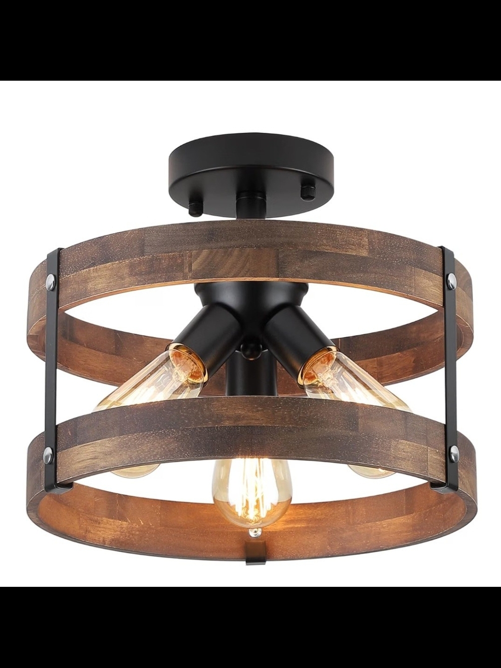 NIB - Rustic Farmhouse Wood Flush Mount Ceiling Light Fixture Oak Wood Round